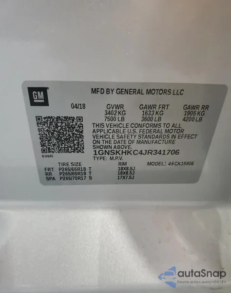 2018 Chevrolet Suburban K1500 Lt из США, поврежденный, VIN 1GNSKHKC4JR341706